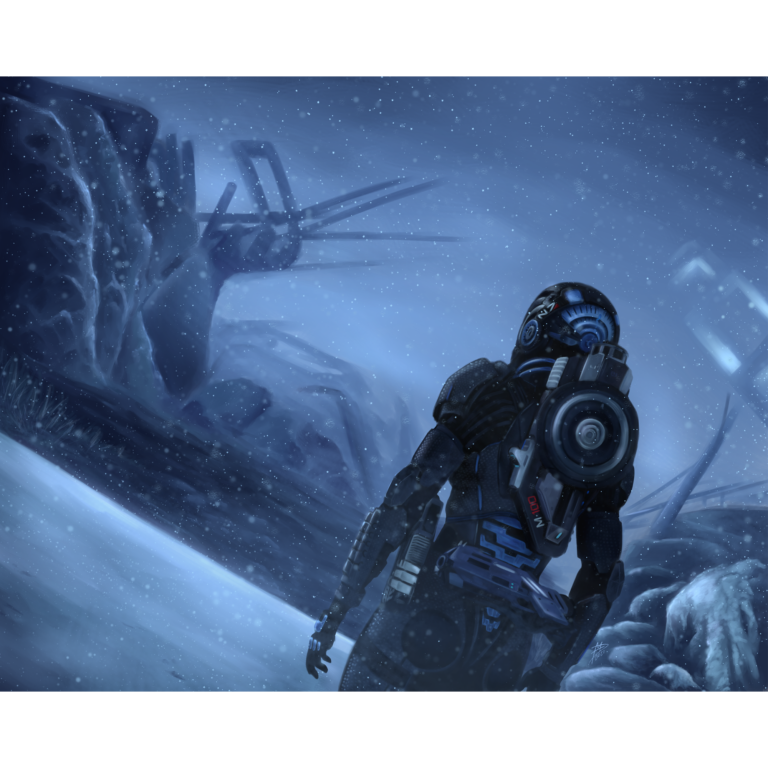 Digital art of a snowy scene and Commander Shepard from Mass Effect in full armor.