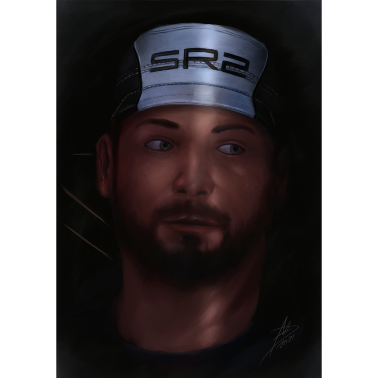 Digital art closeup of Jeff "Joker" Moreau from Mass Effect with his signature baseball cap