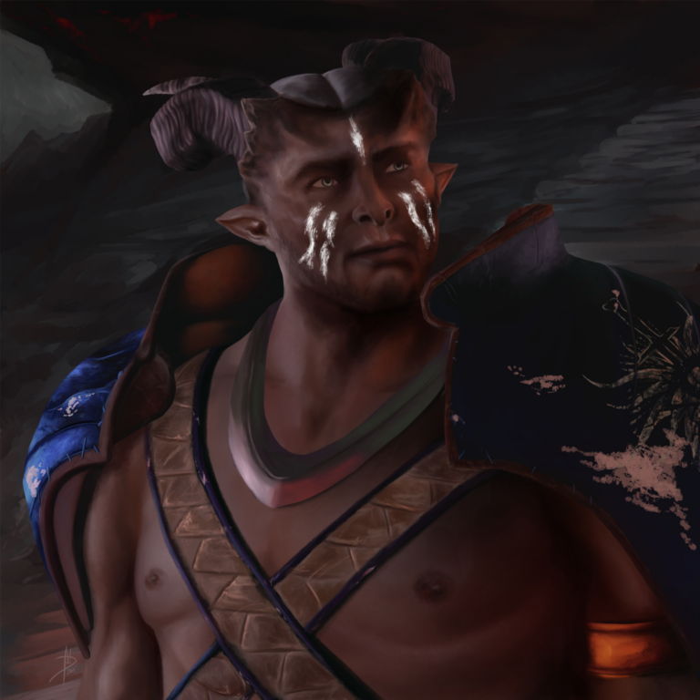 Digital art of a horned and dark-skinned character with war paint on his cheeks.