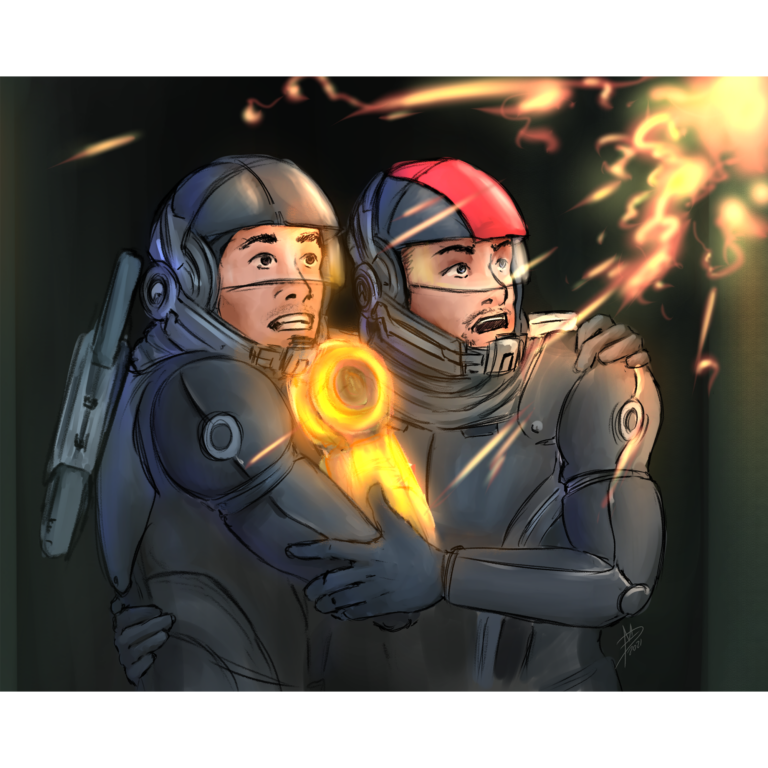 Digital fanart of Kaidan Alenko and Commander Shepard from Mass Effect holding each other in fright.