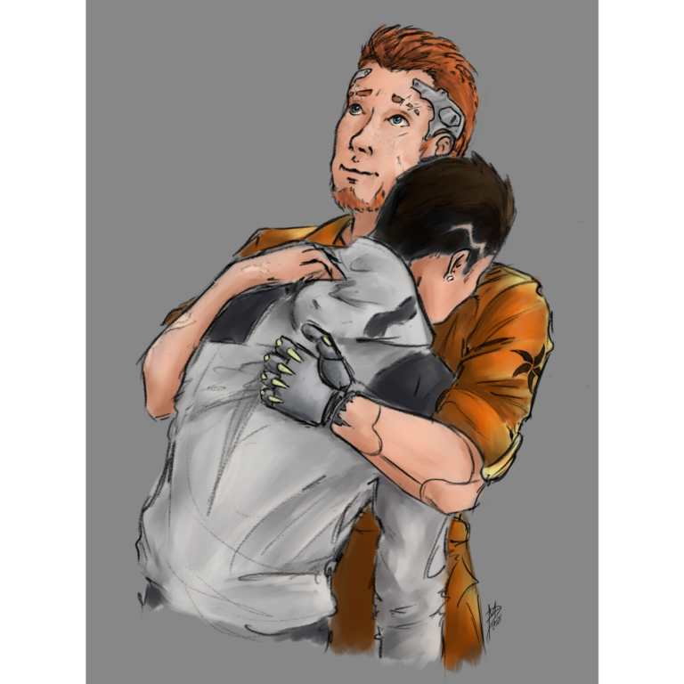 Digital art of a red-haired character in an orange jumpsuit patiently hugging a brown haired character who's clearly tired of life.