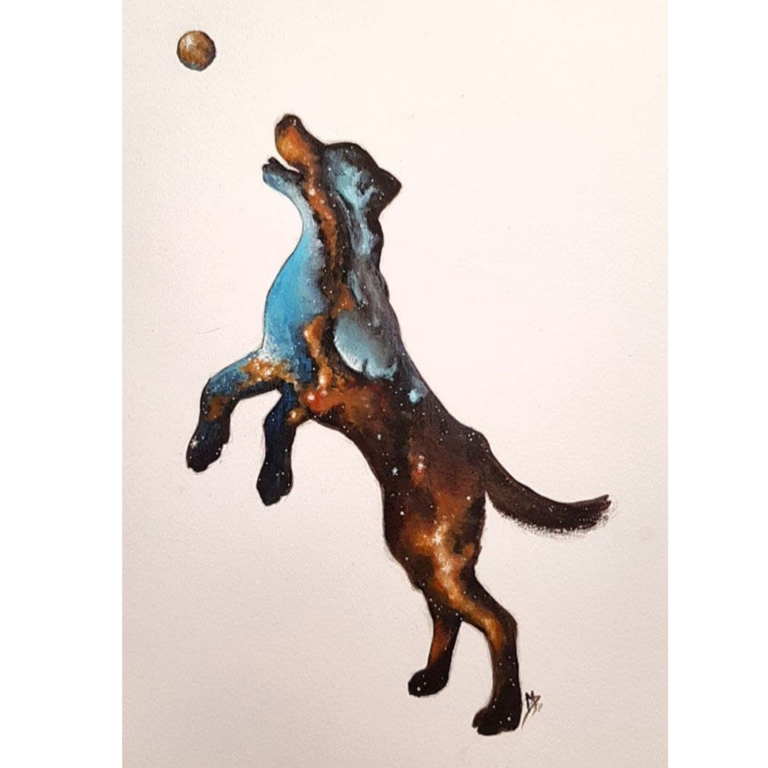 Traditional painting of a silhuette of a dog filled with an orange and blue nebula.