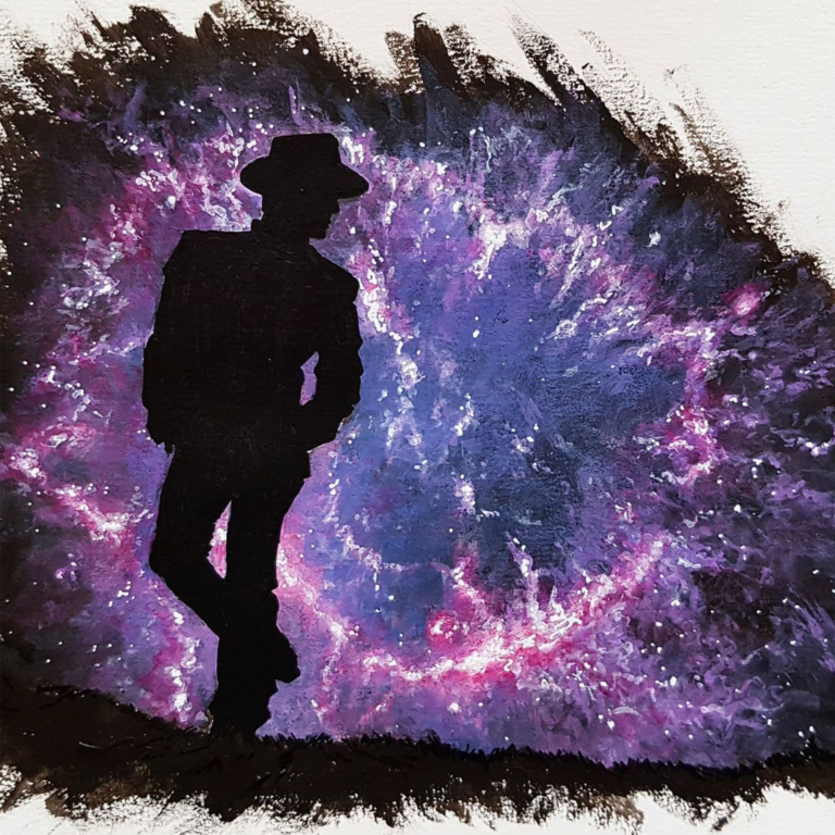 Traditional art with a black silhuette of a man with a hat in front of a purple-coloured Crab Nebula