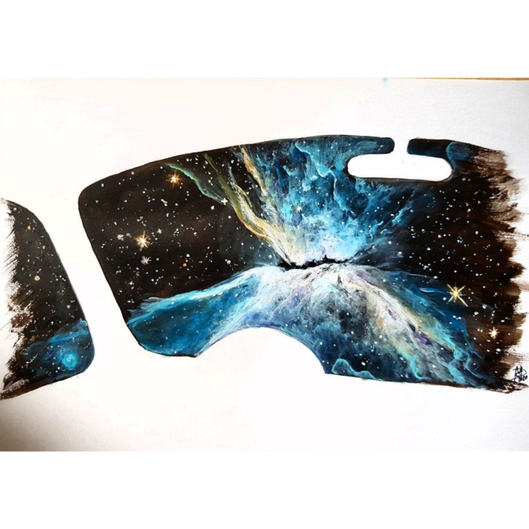 Traditional painting of a blue nebula seen through the silhuette of a windscreen